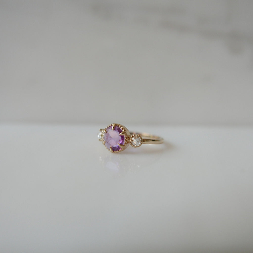 Celeste Violeta Ring OOAK, Dark Pink Rose Cut Sapphire Ring, 3 stone Sapphire and diamond Ring, One of A Kind rosecut sapphire ring