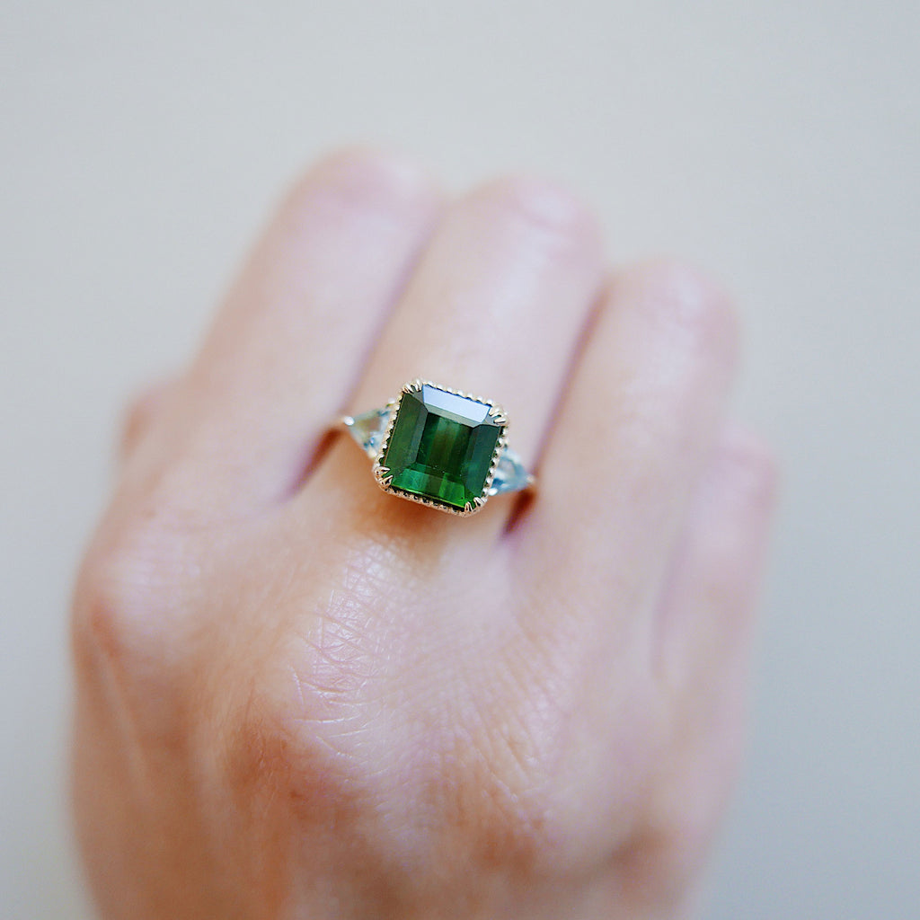Greener Pastures OOAK Tourmaline Ring, Green Tourmaline and Aquamarine Trillions 3 stone ring,  colorful engagement ring