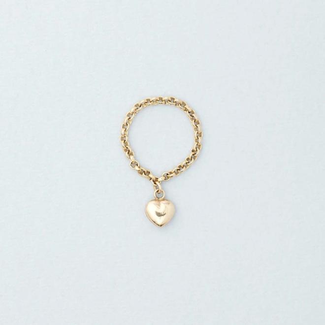 Puffed Heart Ring, Heart Charm Ring, 14k Gold Chain ring with heart charm