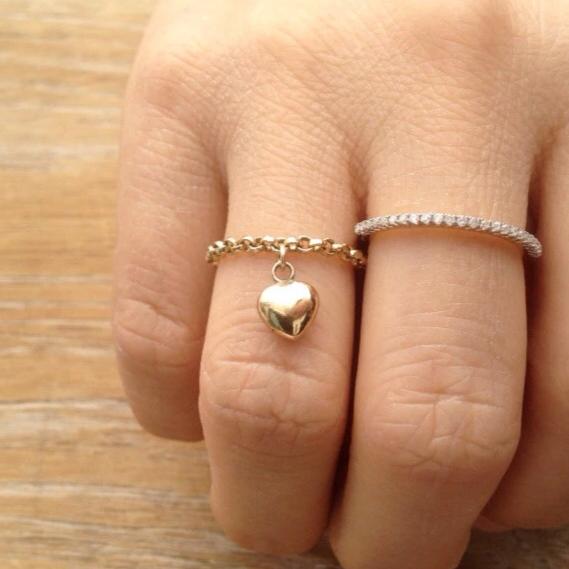 Puffed Heart Ring, Heart Charm Ring, 14k Gold Chain ring with heart charm