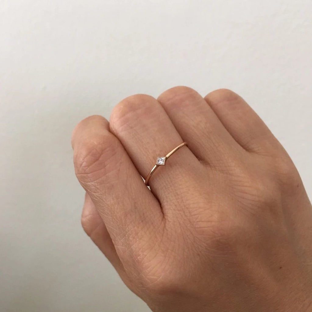 Square Solitaire (Mini), diamond bezel ring, diamond stacking ring, princess diamond ring, square diamond ring, gold square diamond band