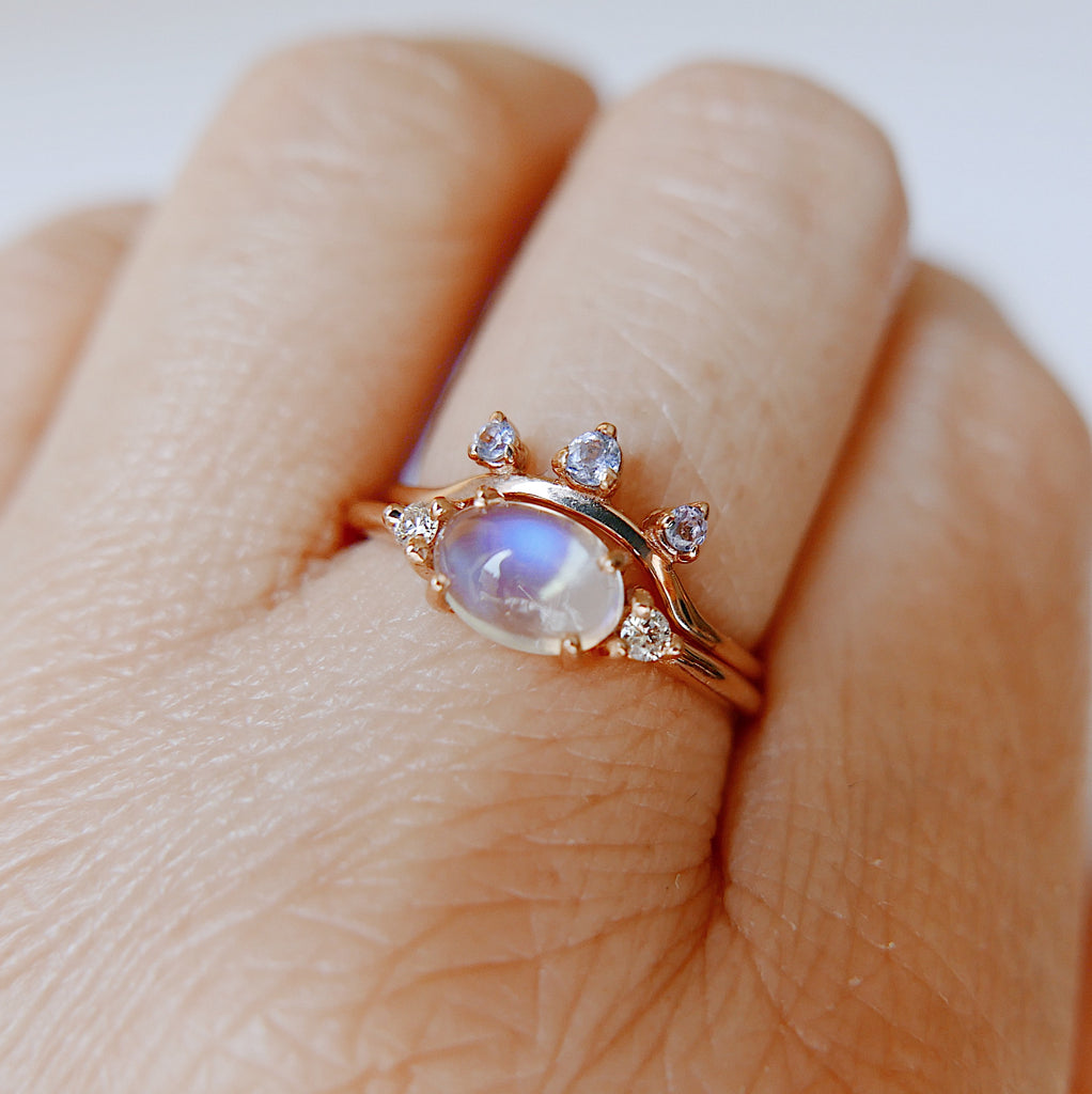 Glowing Moonstone Ring Stack,Oval Moonstone Ring 2.0,Scattered Tanzanite Ring