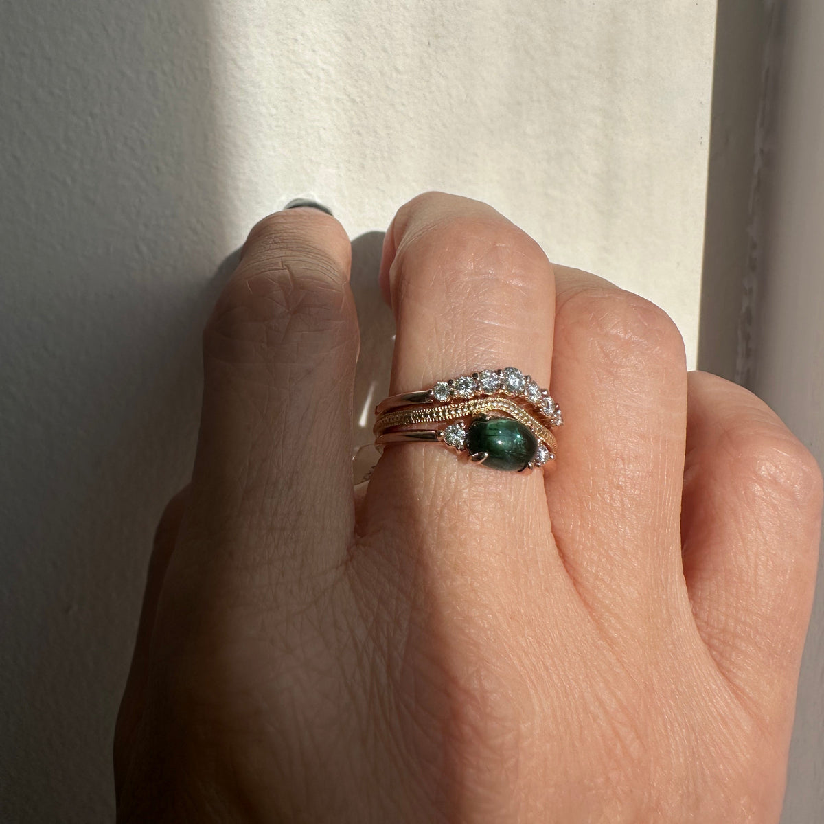 Green Oval Tourmaline Three stone one of a kind ring 2.0