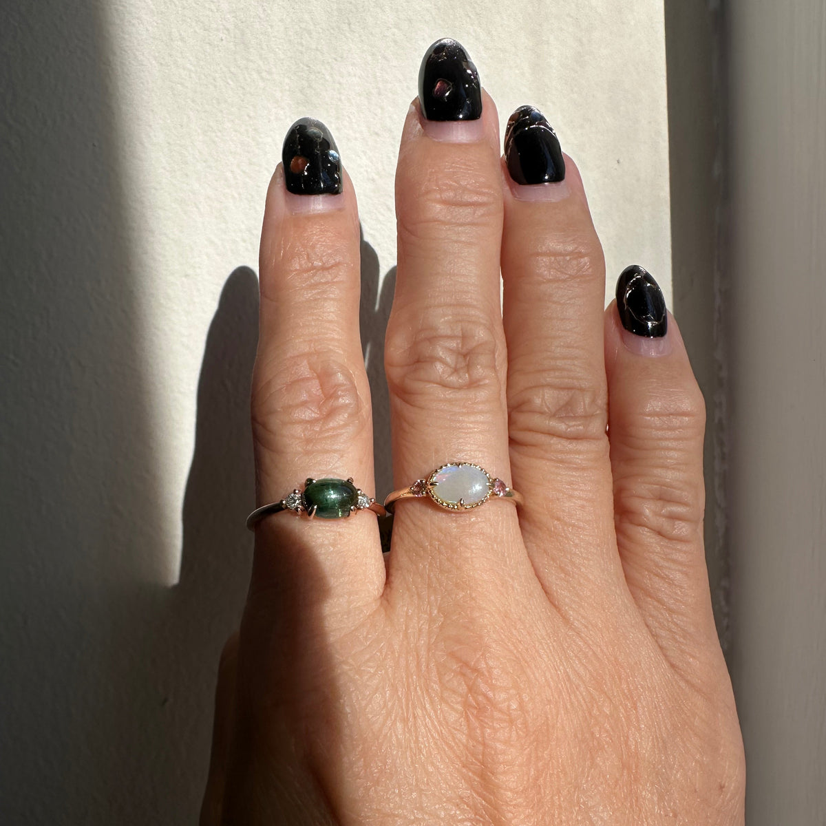 Green Oval Tourmaline Three stone one of a kind ring 2.0
