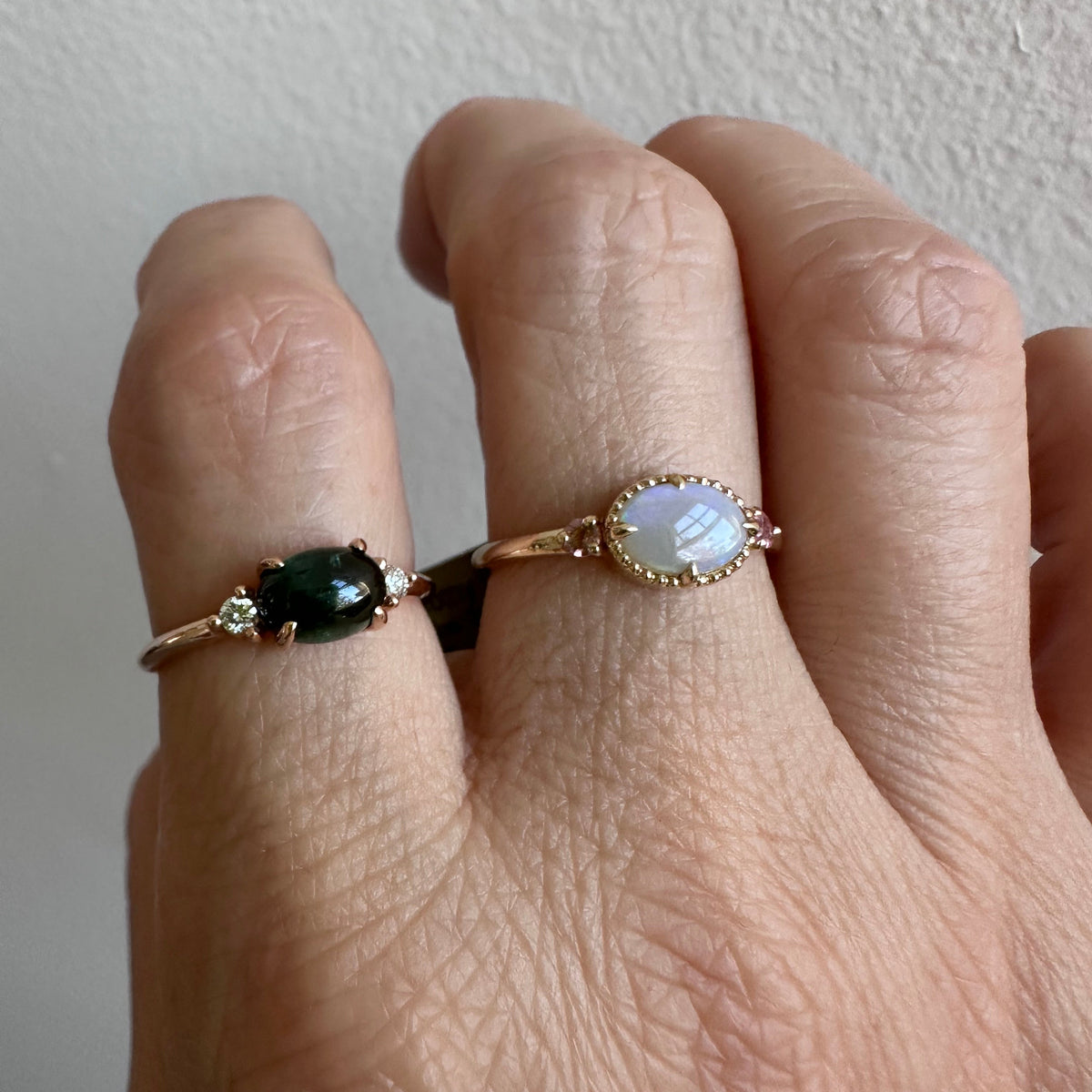 Green Oval Tourmaline Three stone one of a kind ring 2.0
