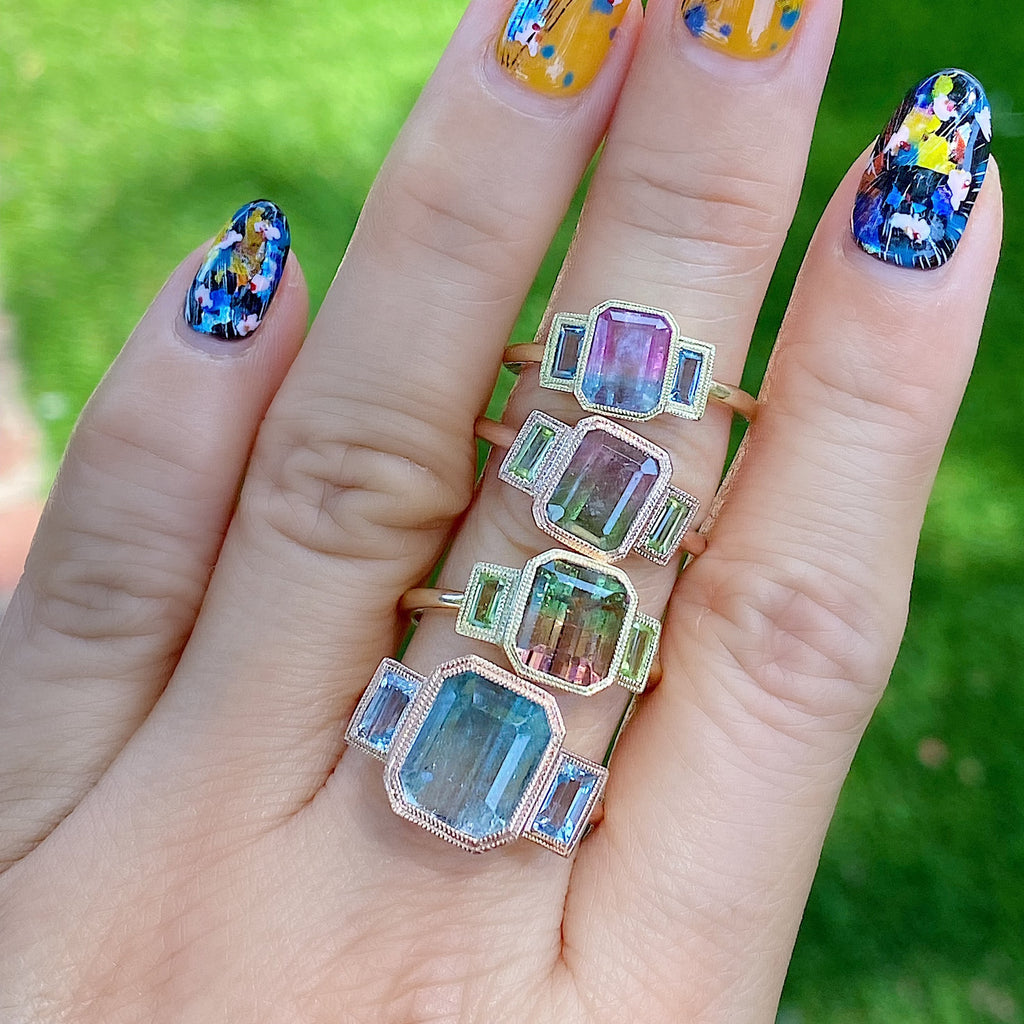 Charlotte Three Stone Seafoam Bi Color Tourmaline Ring