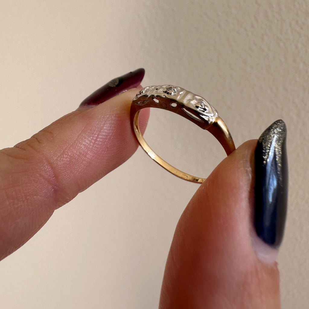 Two tone Vintage 14k 3 stone diamond heart shaped motif Ring