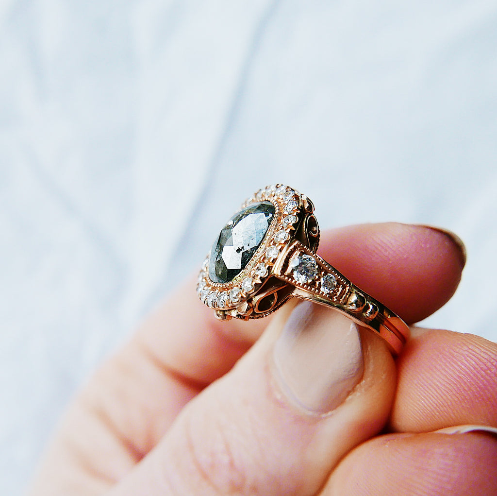 Countess Rose Cut Black Diamond Ring, 14k Rose Gold Ring, OOAK ring, unique engagement ring, rose cut black diamond ring, black diamond