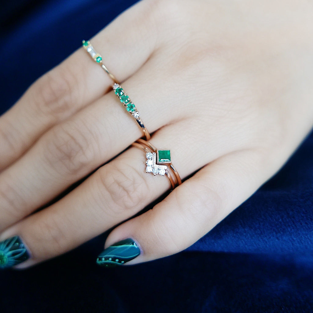 Square Bezel Emerald Ring Chevron Diamond Ring 