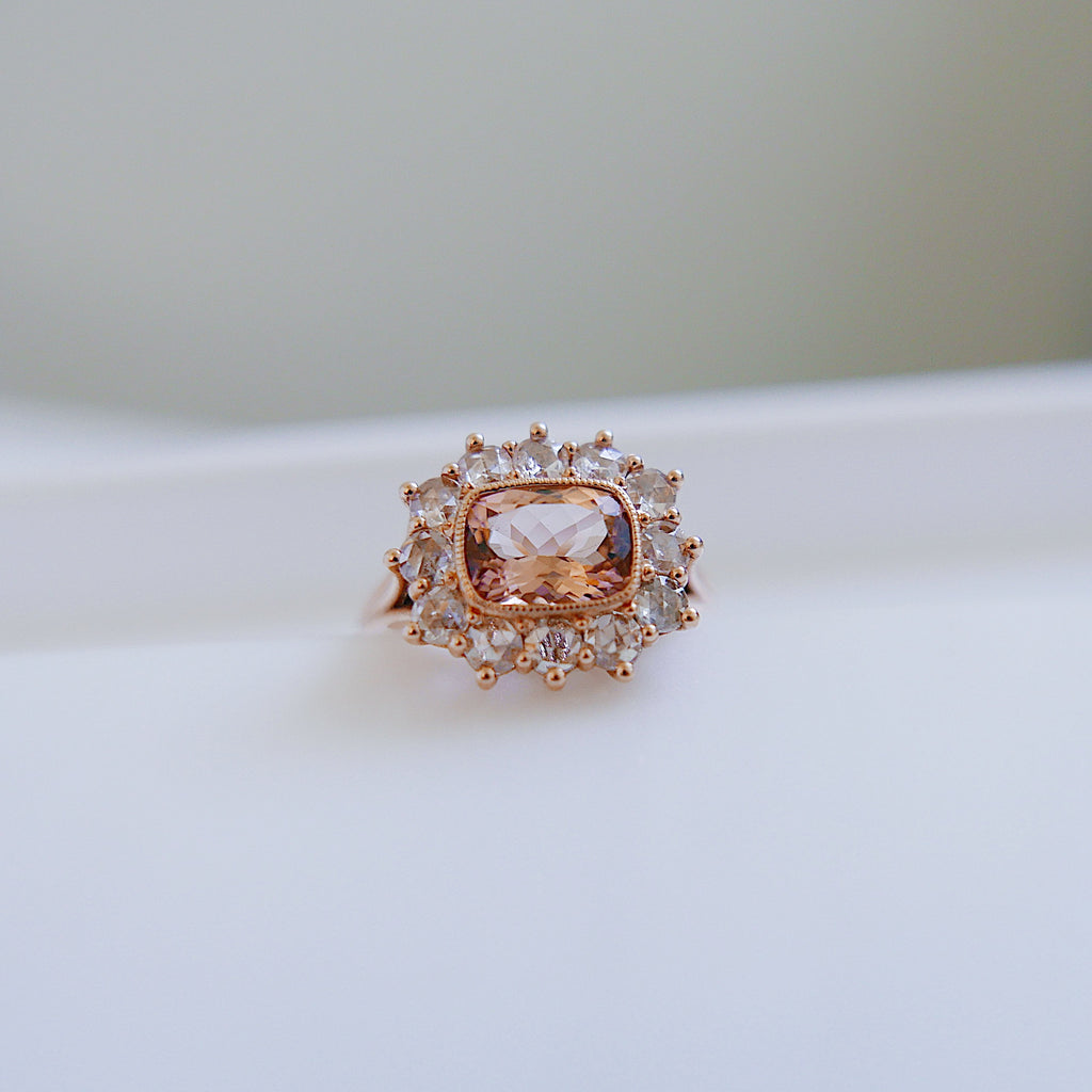 Peaches and Cream One of a Kind Tourmaline and rosecut diamond ring