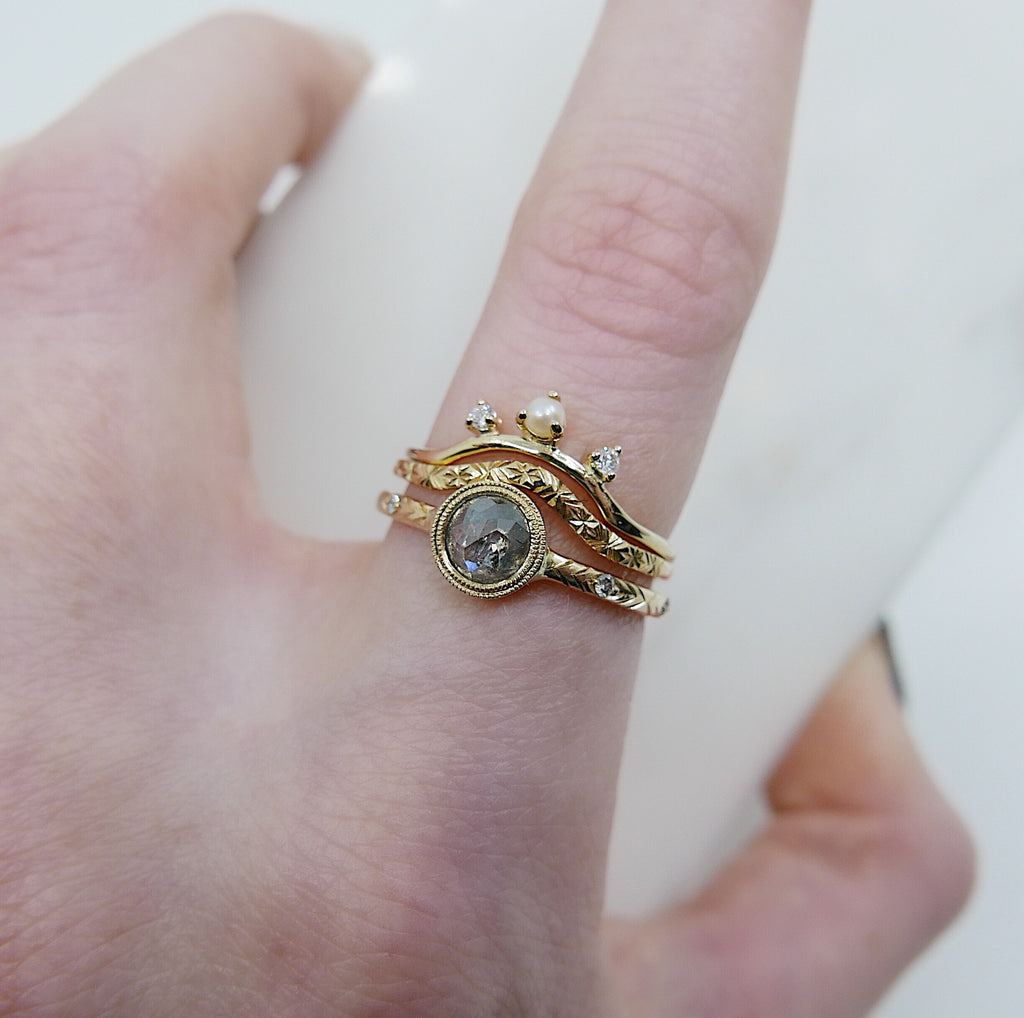 Round Rustic Diamond Ring Set Juliette Rose Cut Grey Diamond Ring Chevron Arc Ring Scattered Nesting Pearl Ring
