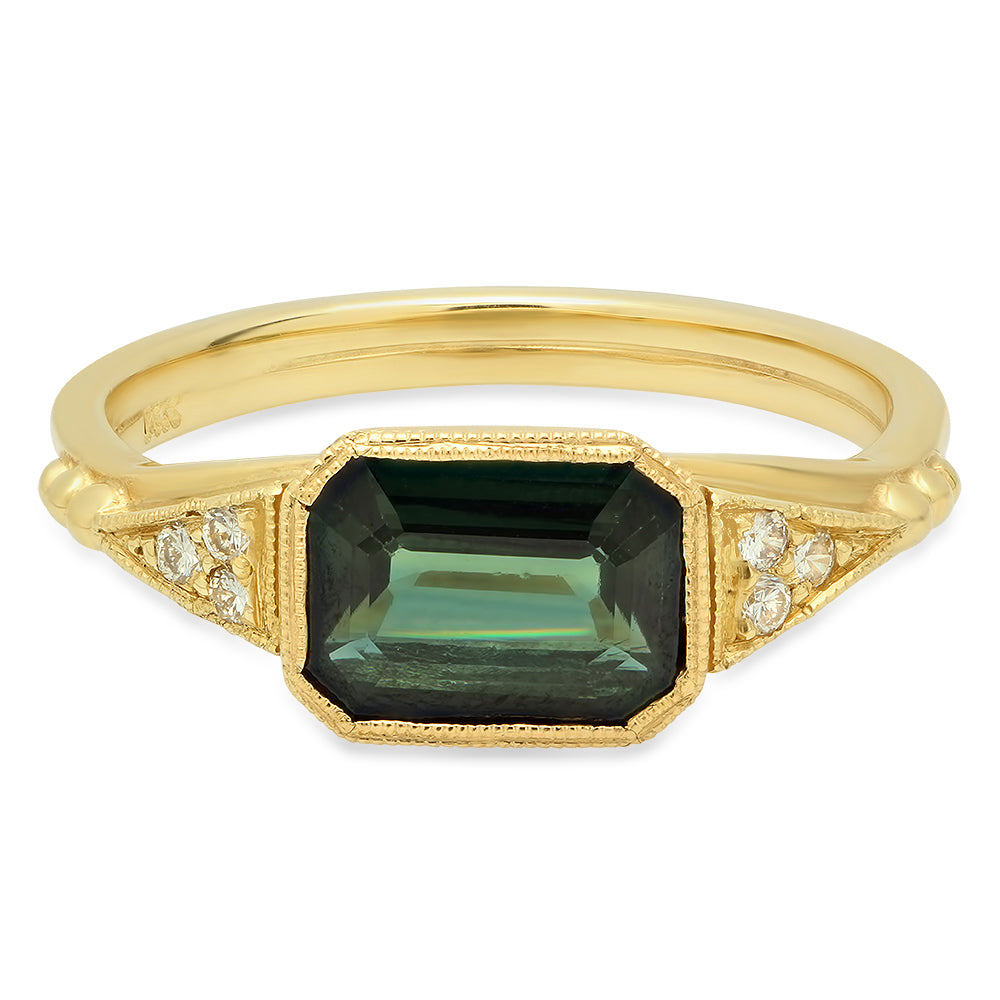 Inez Green Sapphire Ring, Sapphire and diamond ring, 14k gold green sapphire ring, sapphire ring, green sapphire ring