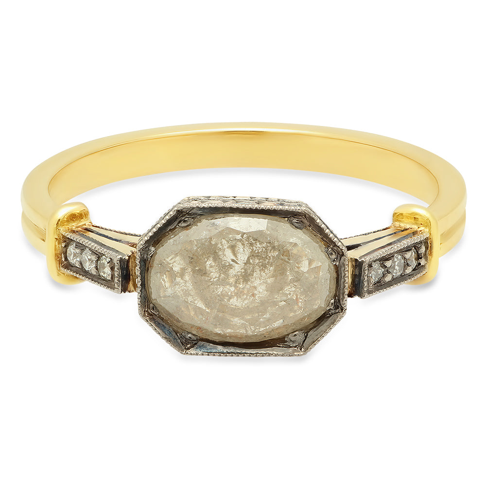Edith Rose Cut Grey Diamond Ring, 18k Yellow Gold & Palladium Ring, rose cut gray diamond ring, art deco ring with diamonds, OOAK ring