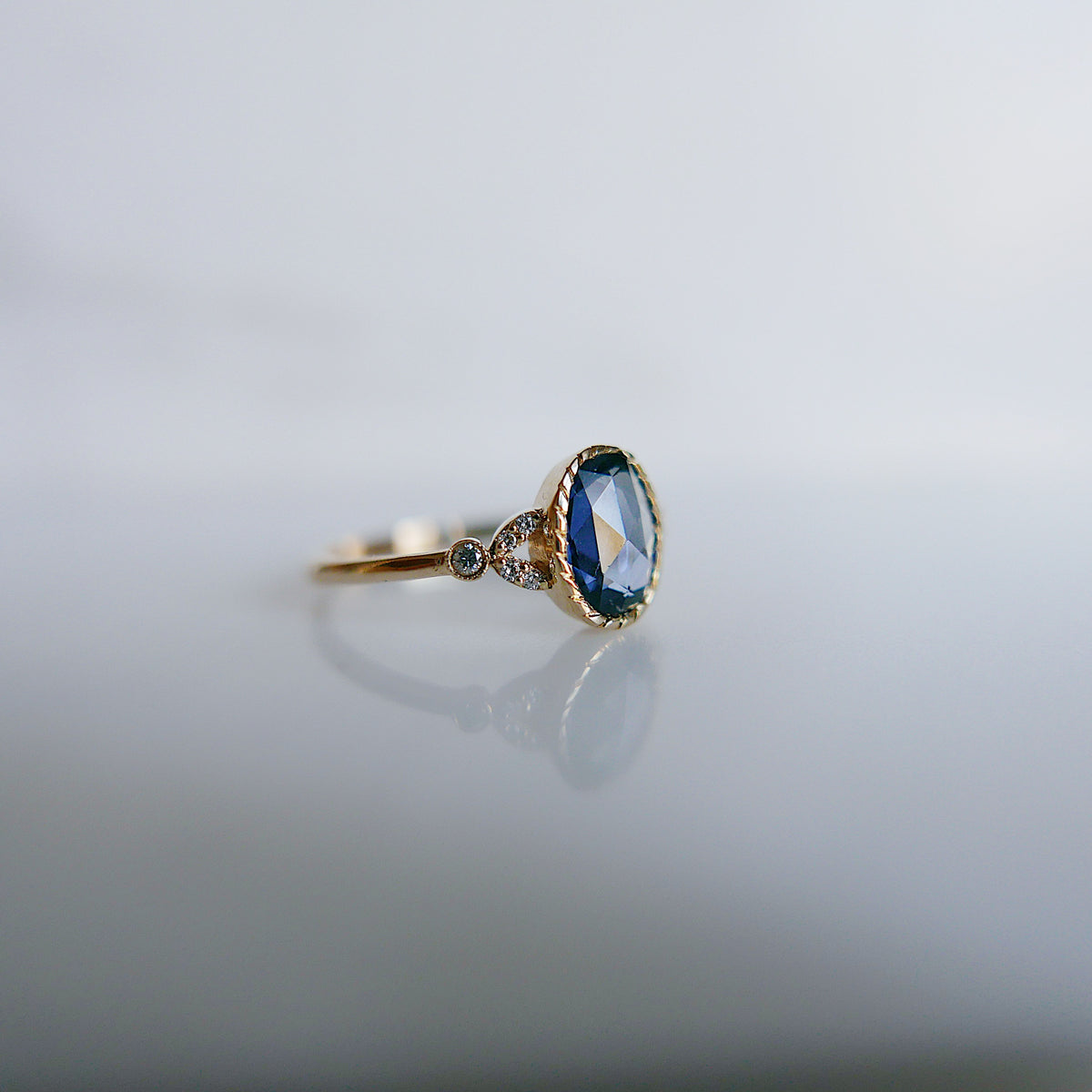 Cressida Ring With Rosecut Oval Blue Sapphire and Diamonds