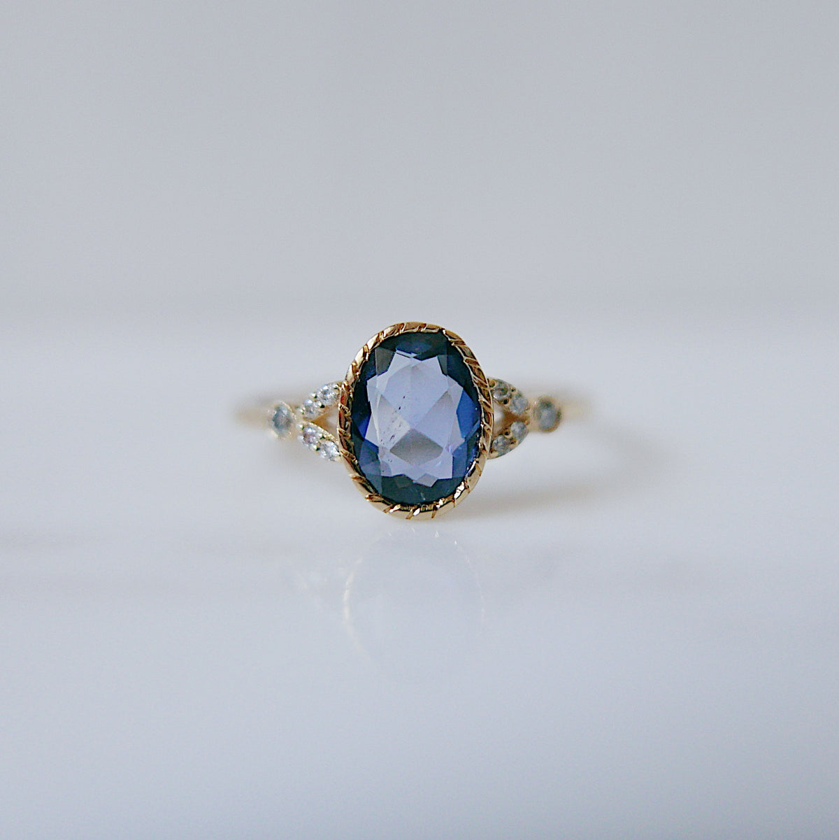 Cressida Ring With Rosecut Oval Blue Sapphire and Diamonds