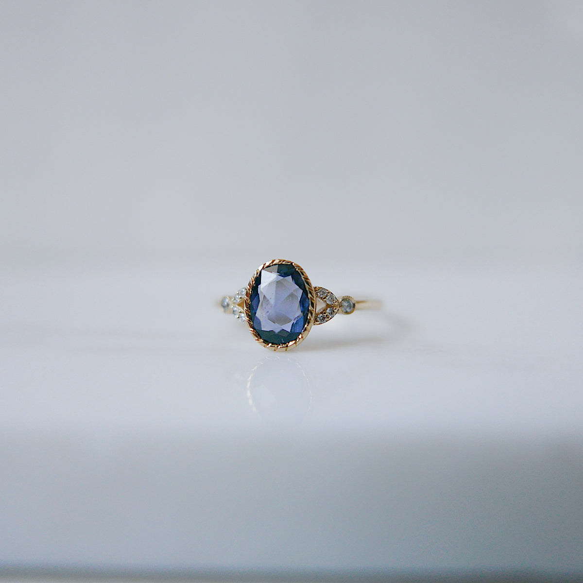 Cressida Ring With Rosecut Oval Blue Sapphire and Diamonds