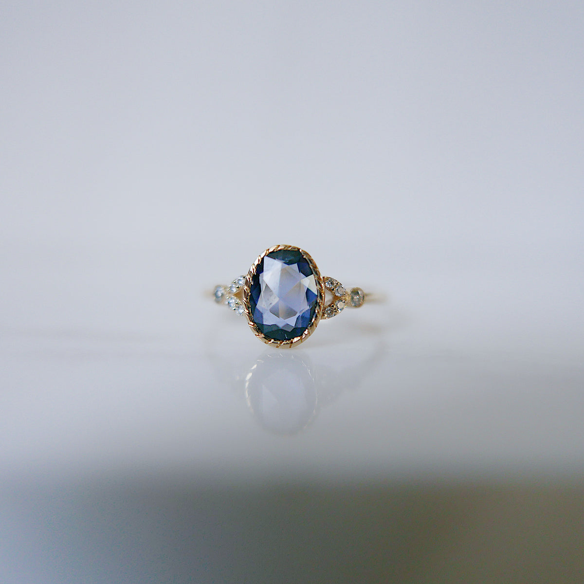 Cressida Ring With Rosecut Oval Blue Sapphire and Diamonds