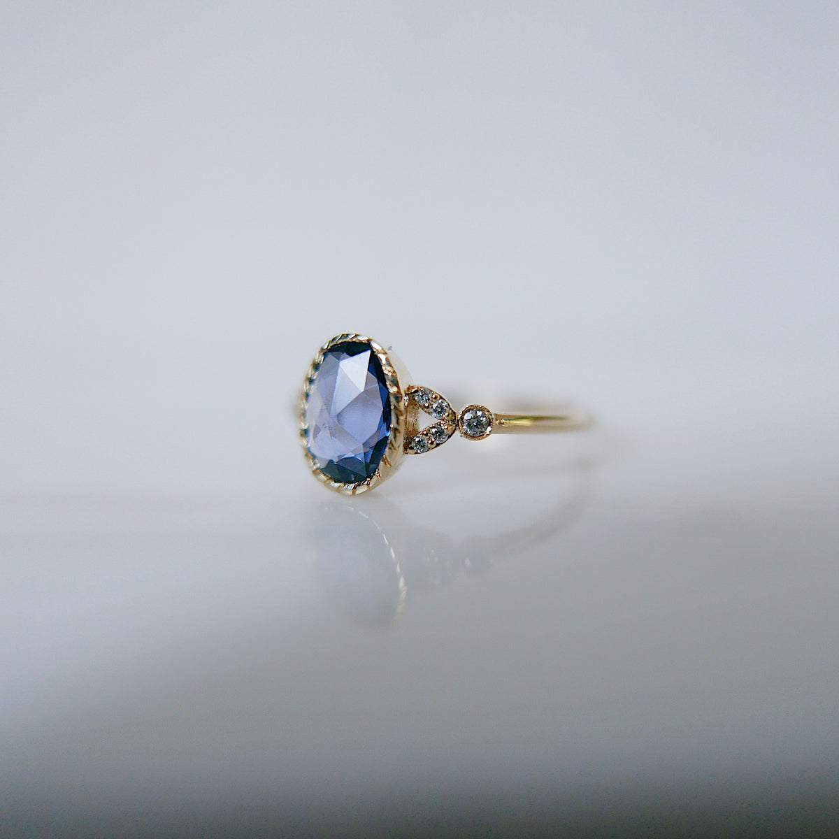 Cressida Ring With Rosecut Oval Blue Sapphire and Diamonds