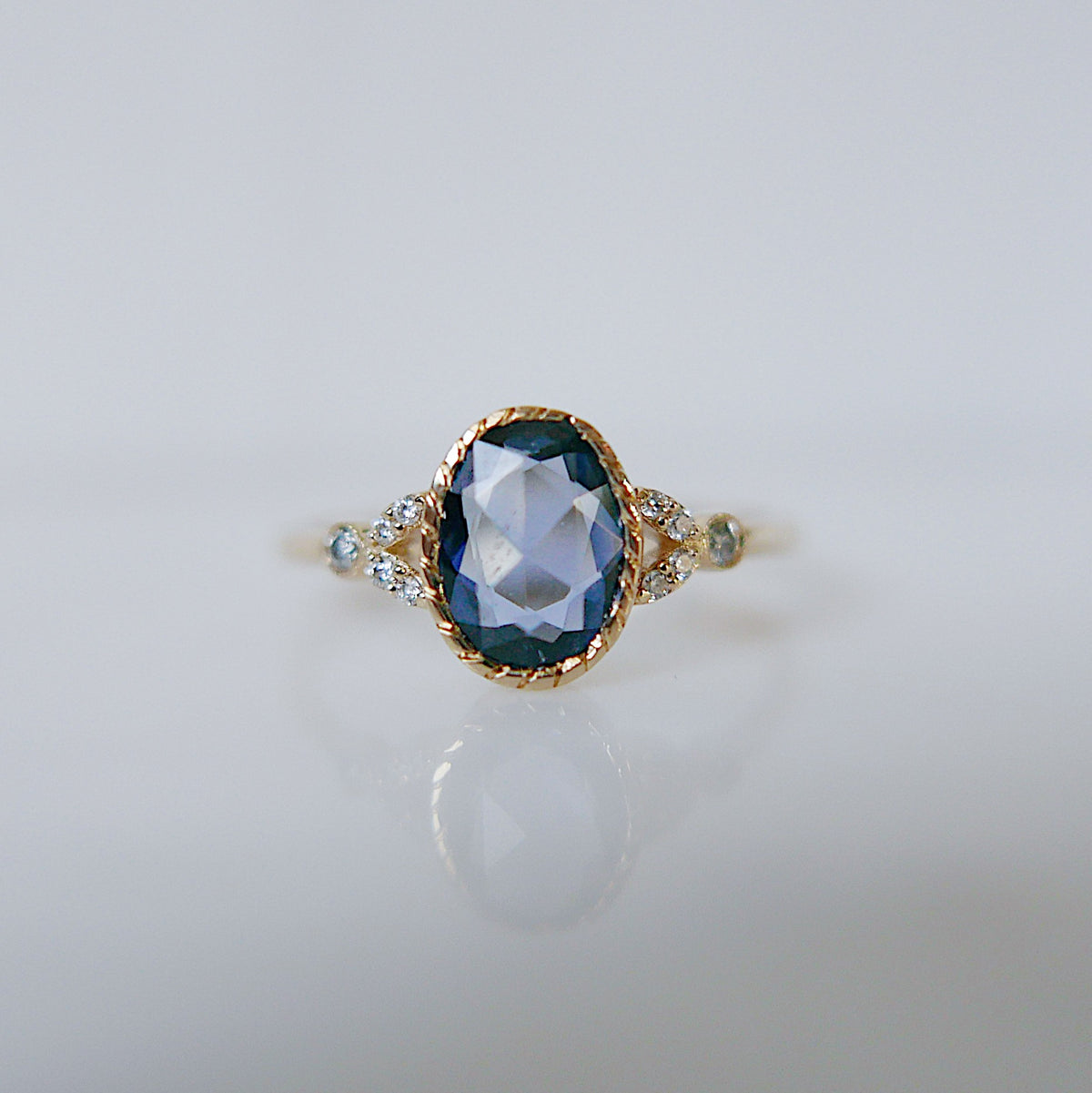 Cressida Ring With Rosecut Oval Blue Sapphire and Diamonds