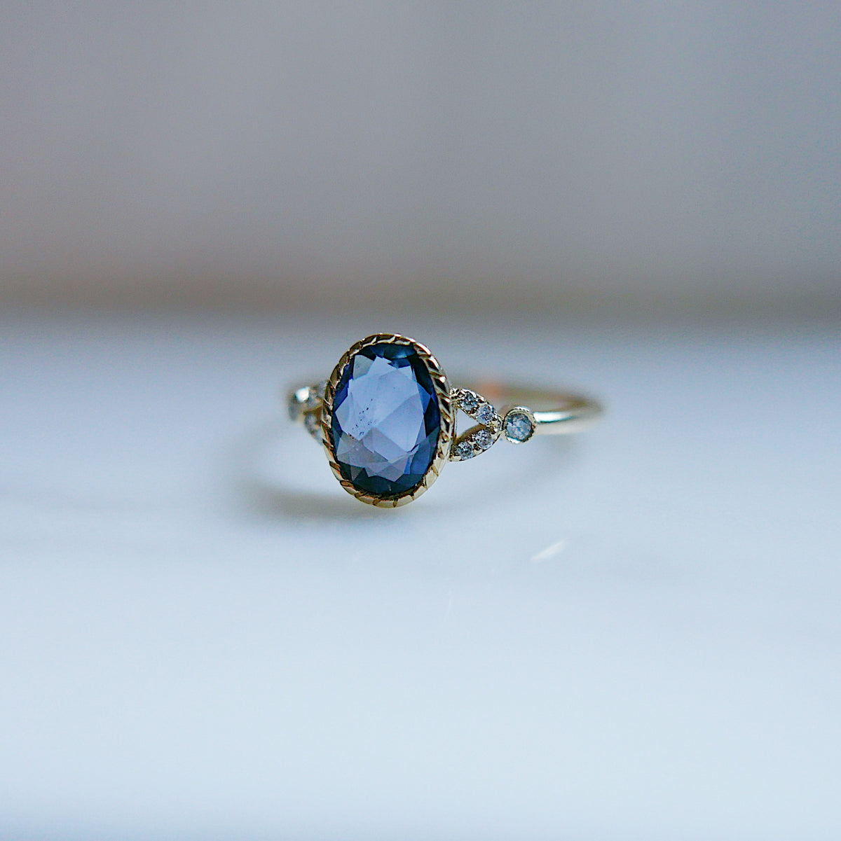Cressida Ring With Rosecut Oval Blue Sapphire and Diamonds