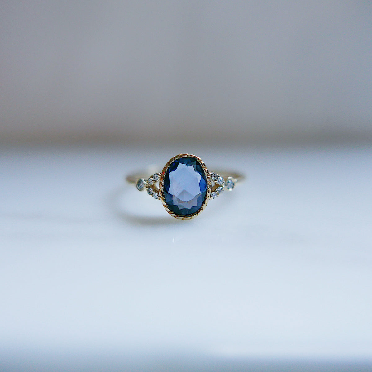 Cressida Ring With Rosecut Oval Blue Sapphire and Diamonds