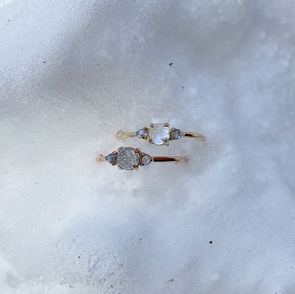 three stone ring  stacking ring  Rings  rainbow moonstone  Multi-Stone Rings  moonstone wedding  moonstone ring  moonstone  mgj  mason grace jewelry  mason grace  jewelry  gold moonstone  fine jewelry  Engagement ring  dainty ring  Classic ring  Blue Stone Ring  birthstone ring  aquamarine ring