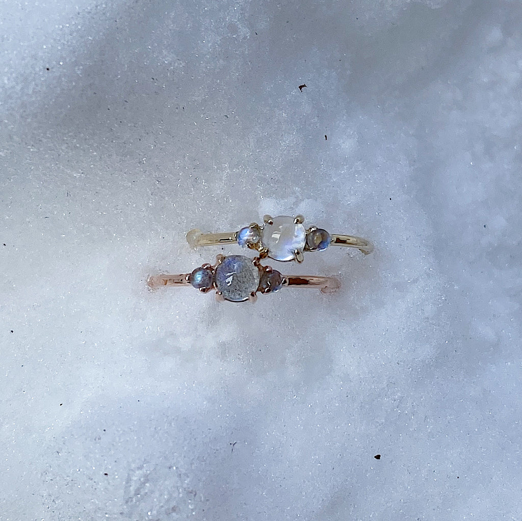 three stone ring  stacking ring  Rings  rainbow moonstone  Multi-Stone Rings  moonstone wedding  moonstone ring  moonstone  mgj  mason grace jewelry  mason grace  jewelry  gold moonstone  fine jewelry  Engagement ring  dainty ring  Classic ring  Blue Stone Ring  birthstone ring  aquamarine ring