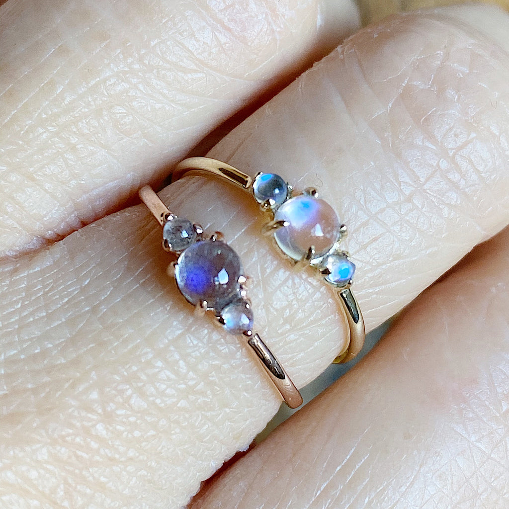three stone ring  stacking ring  Rings  rainbow moonstone  Multi-Stone Rings  moonstone wedding  moonstone ring  moonstone  mgj  mason grace jewelry  mason grace  jewelry  gold moonstone  fine jewelry  Engagement ring  dainty ring  Classic ring  Blue Stone Ring  birthstone ring  aquamarine ring