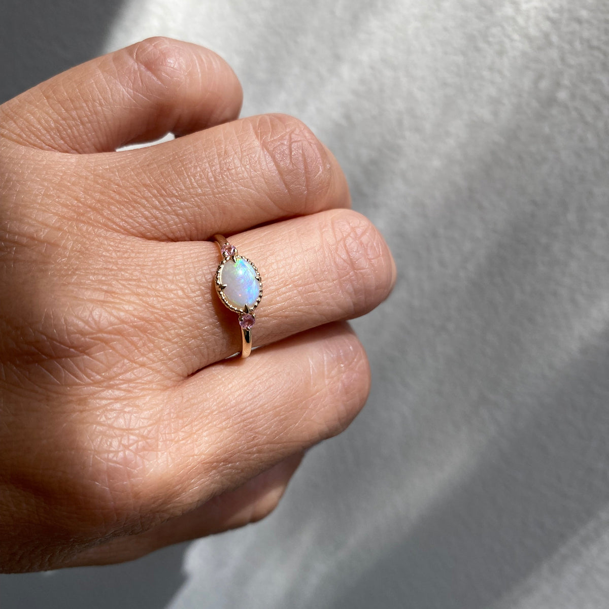 Dorothy Opal Ring with Pink Tourmaline Sides