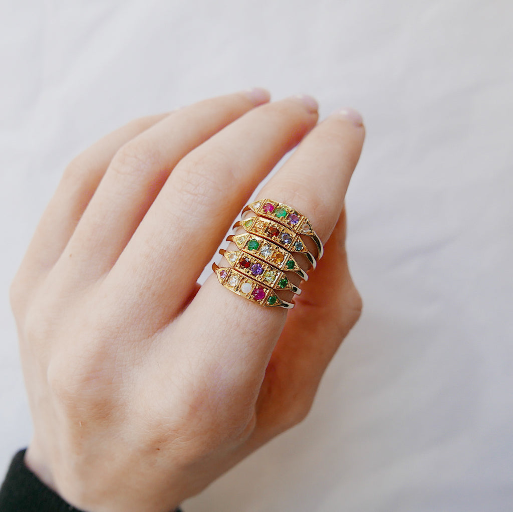 Ms. Goodbar PEACE acrostic ring, 14k stacking ring, Peridot, Emerald, Aquamarine, Citrine, and Emerald ring, Five stone ring, acrostic ring