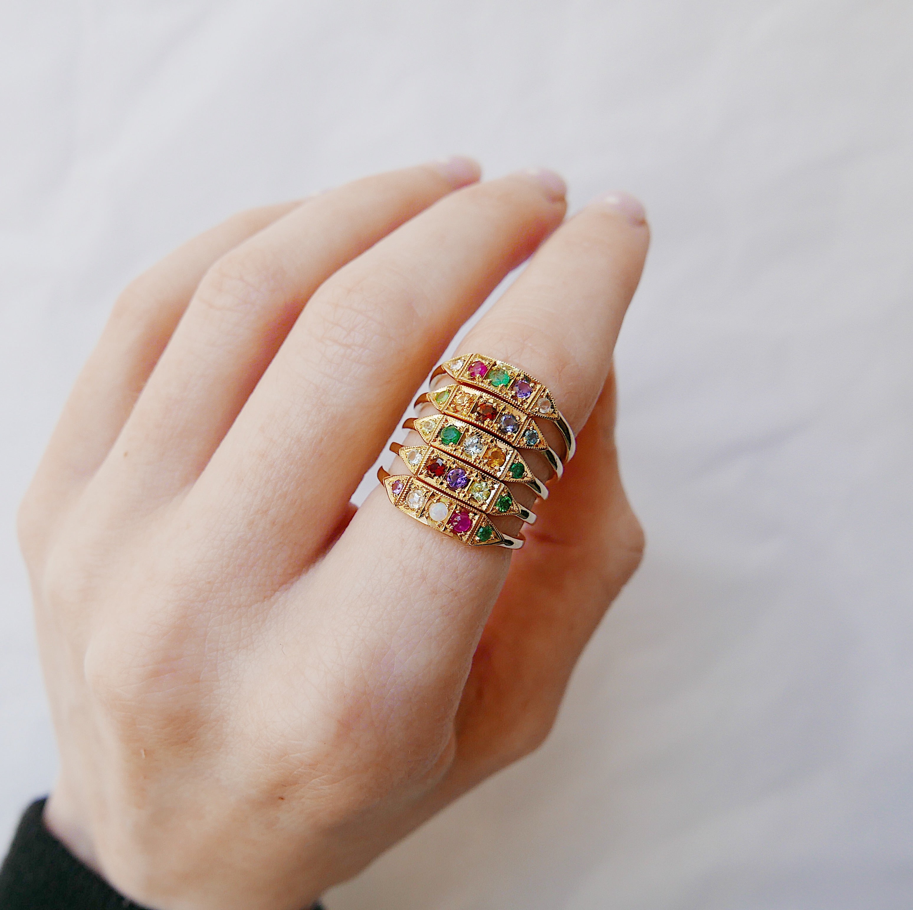 Ms. Goodbar DREAM acrostic ring, 14k stacking ring, Diamond, Ruby, Emerald, Amethyst, and Moonstone ring, Five stone ring, acrostic ring