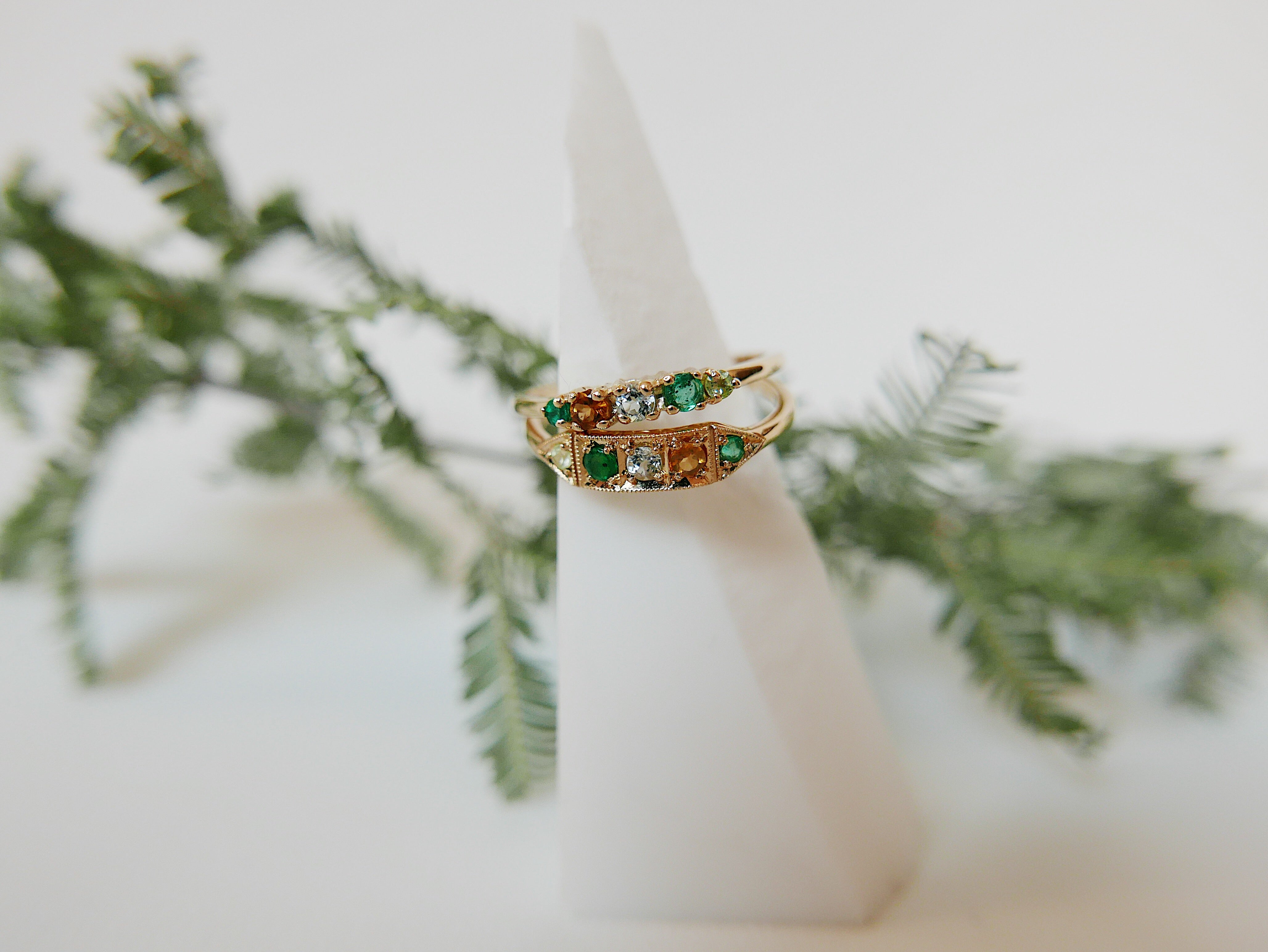 Ms. Goodbar PEACE acrostic ring, 14k stacking ring, Peridot, Emerald, Aquamarine, Citrine, and Emerald ring, Five stone ring, acrostic ring