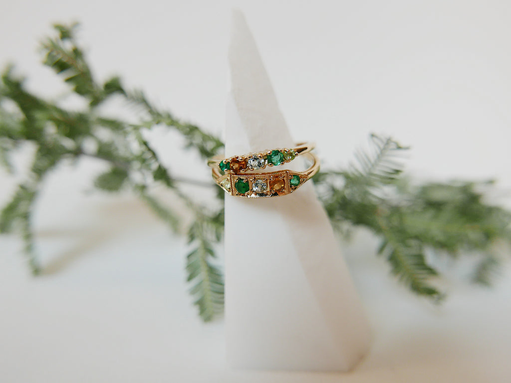 Ms. Goodbar PEACE acrostic ring, 14k stacking ring, Peridot, Emerald, Aquamarine, Citrine, and Emerald ring, Five stone ring, acrostic ring