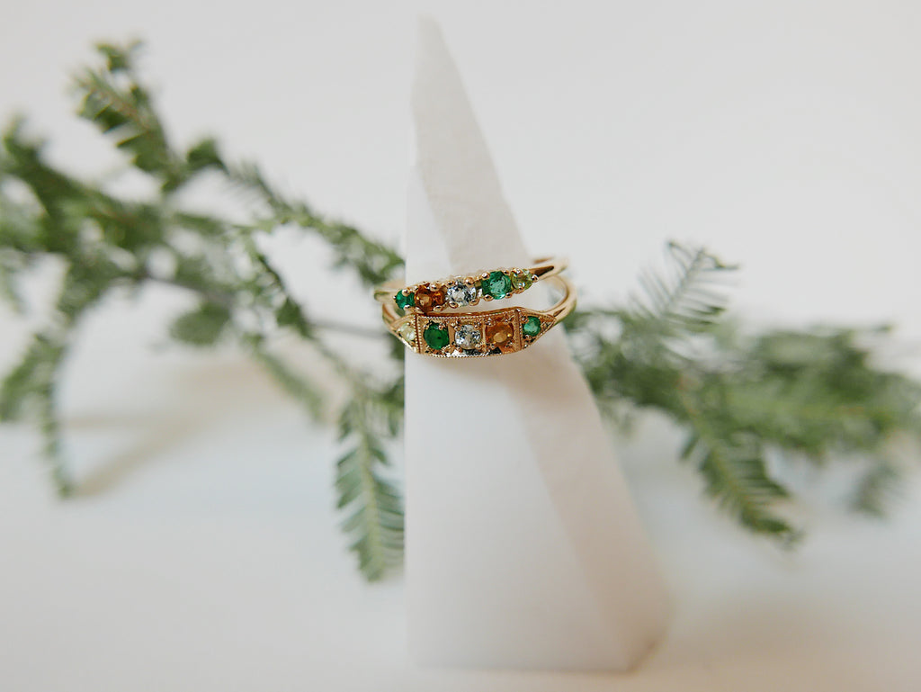 Riley PEACE Ring, Acrostic Ring, 5 stone gold ring, emerald and diamond ring, 14k gold emerald ring, emerald and diamond band