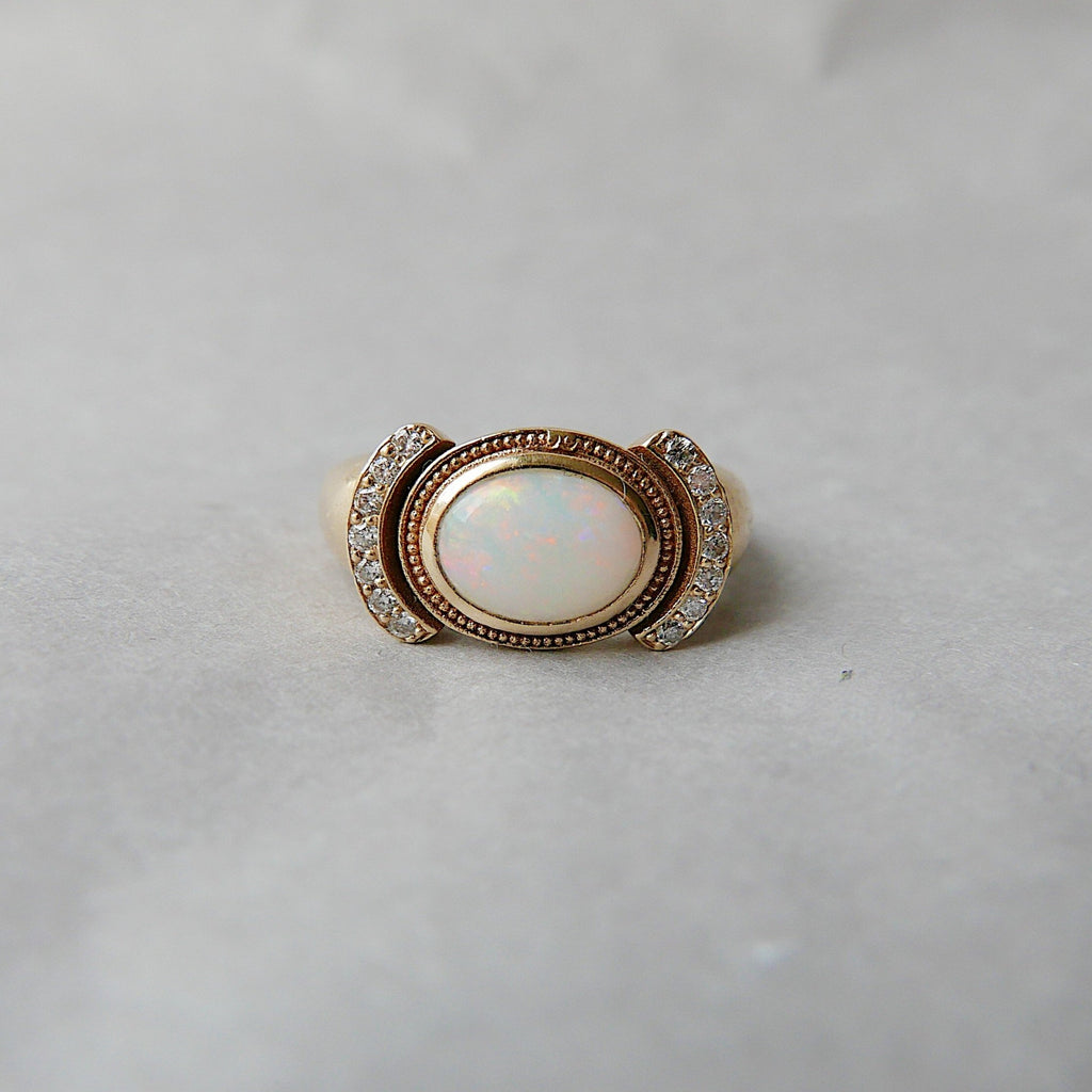 Aurora opal and diamond ring, opal and diamond ring, bezel opal ring, bezel ring, 14k gold opal ring, diamond accent ring