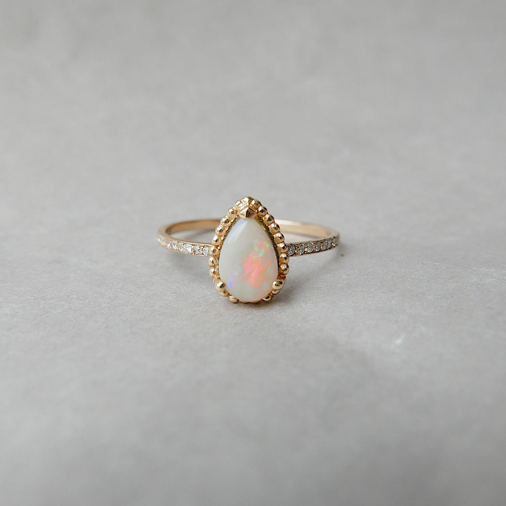 Ava Diamond Opal Ring, rainbow Opal halo ring, gold solitaire ring, pear opal ring, 14k gold opal prong engagement ring, opal halo ring