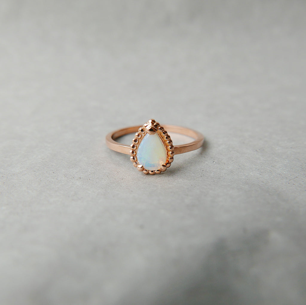 Ava Opal Ring, rainbow Opal halo ring, gold solitaire ring, pear opal ring, 14k gold opal prong engagement ring, opal halo ring