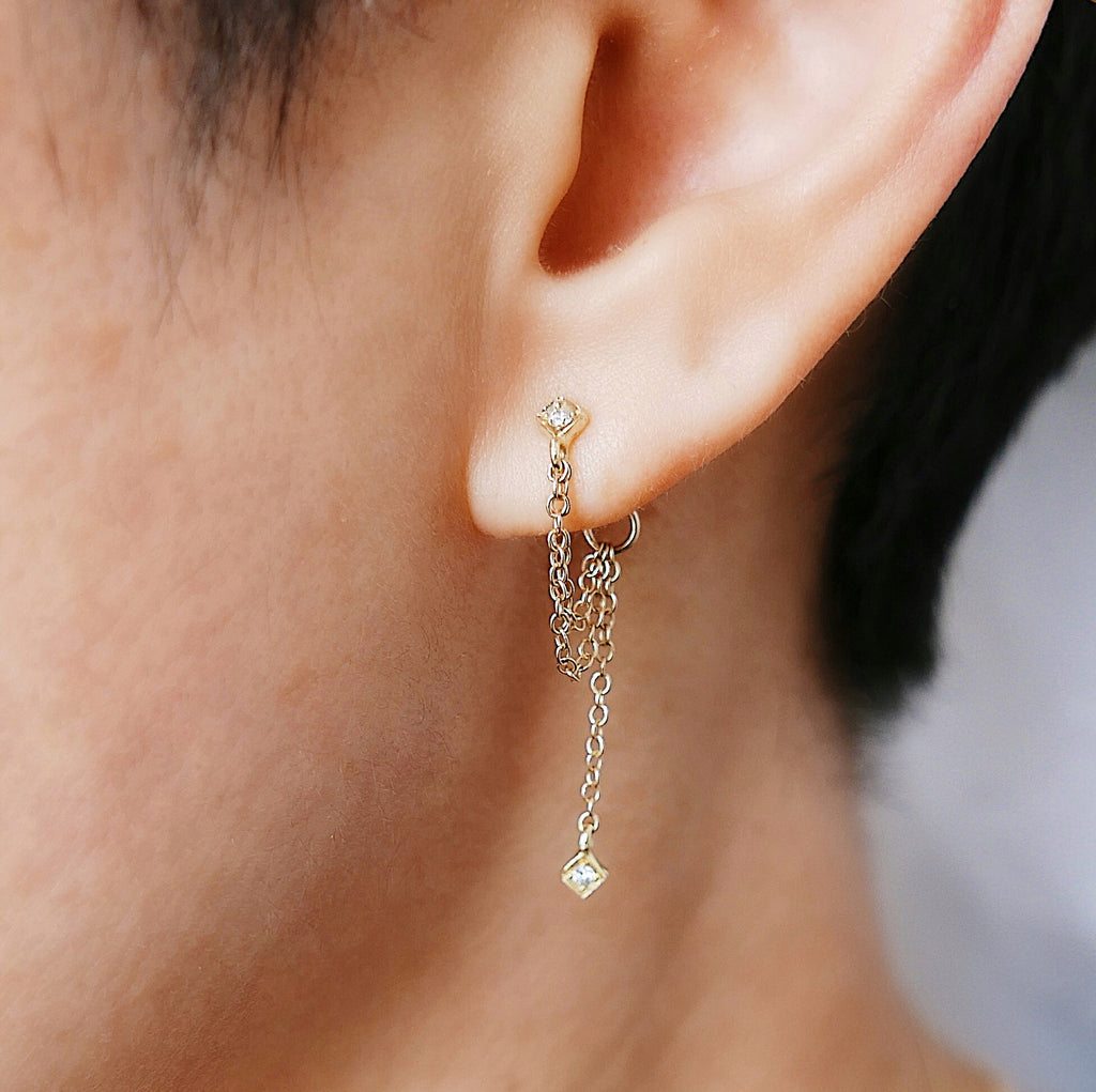 Block Double Chain Earring,Diamonds,14k gold