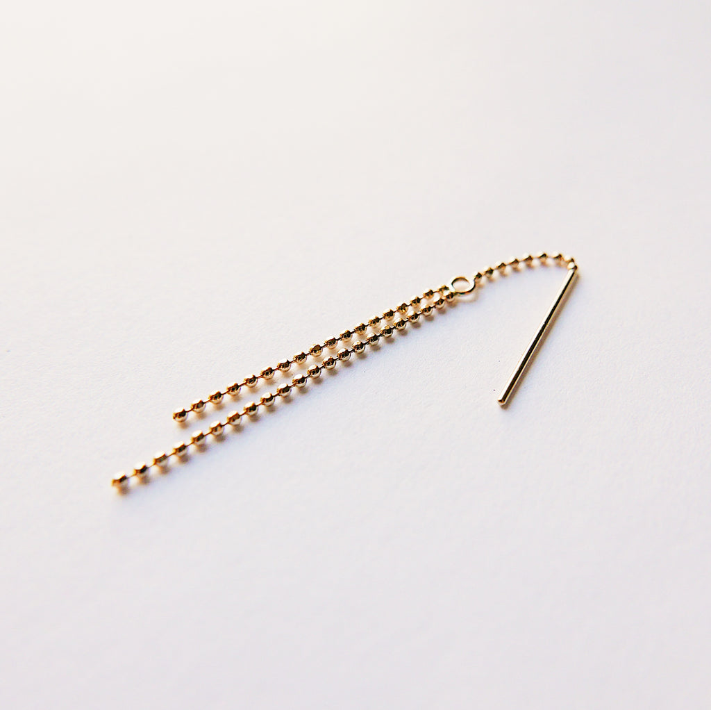 Cascade threader, 14k gold beaded pull through, single gold threader earring, gold beaded earring