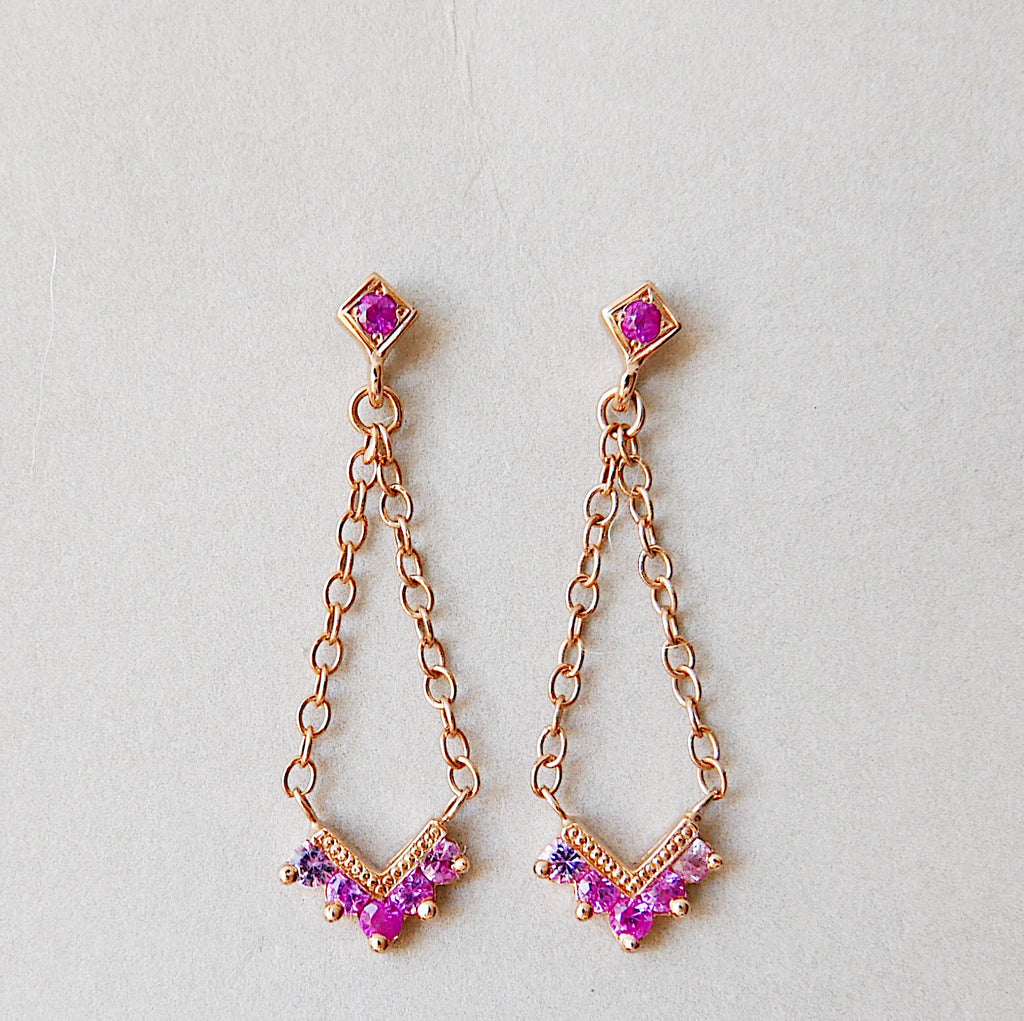 Chevron Pink Sapphire Ombre Block Earrings, Chain Earrings, Drop Earrings, Pink Sapphire Earrings, Chevron Earrings, Dangle Earrings