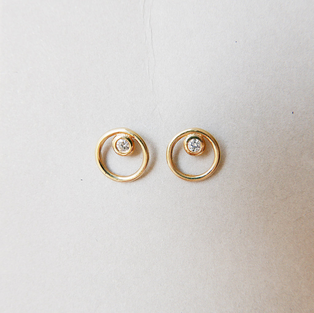 Full circle earrings, circle studs, diamond bezel studs, 14k circle diamond earrings, gold circle earrings, diamond bezel earrings