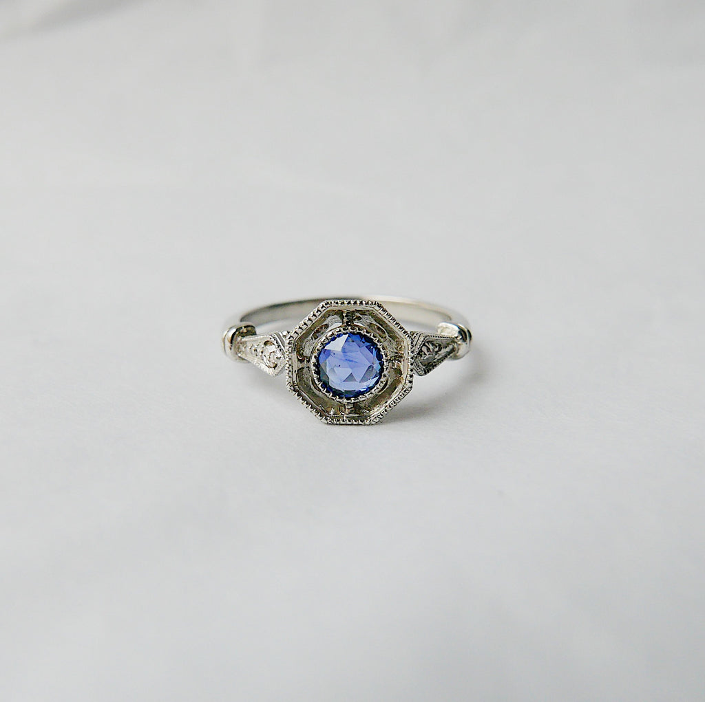 Compass Eloise Rose Cut Blue Sapphire Ring, Platinum ring, vintage inspired ring, sapphire and diamond ring