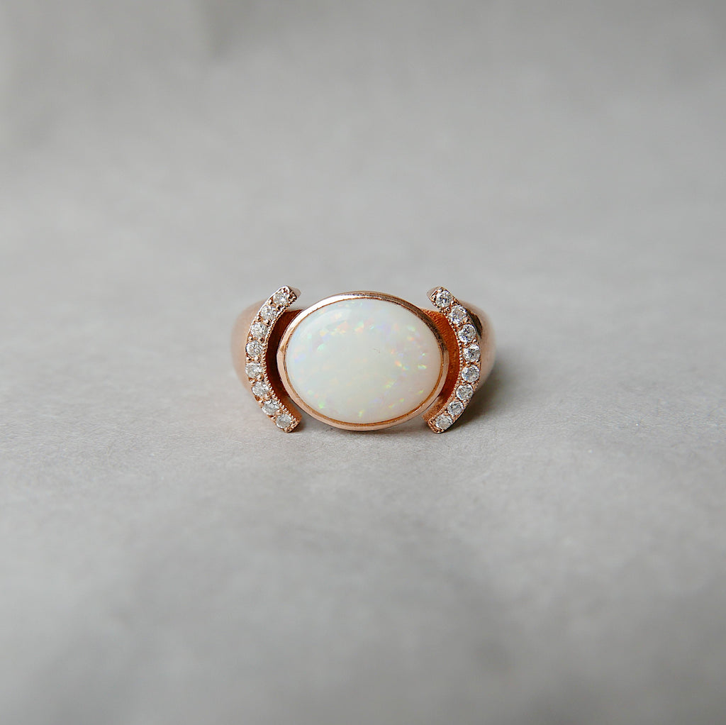 Dawne opal and diamond ring, opal and diamond ring, bezel opal ring, bezel ring, 14k gold opal ring, diamond accent ring