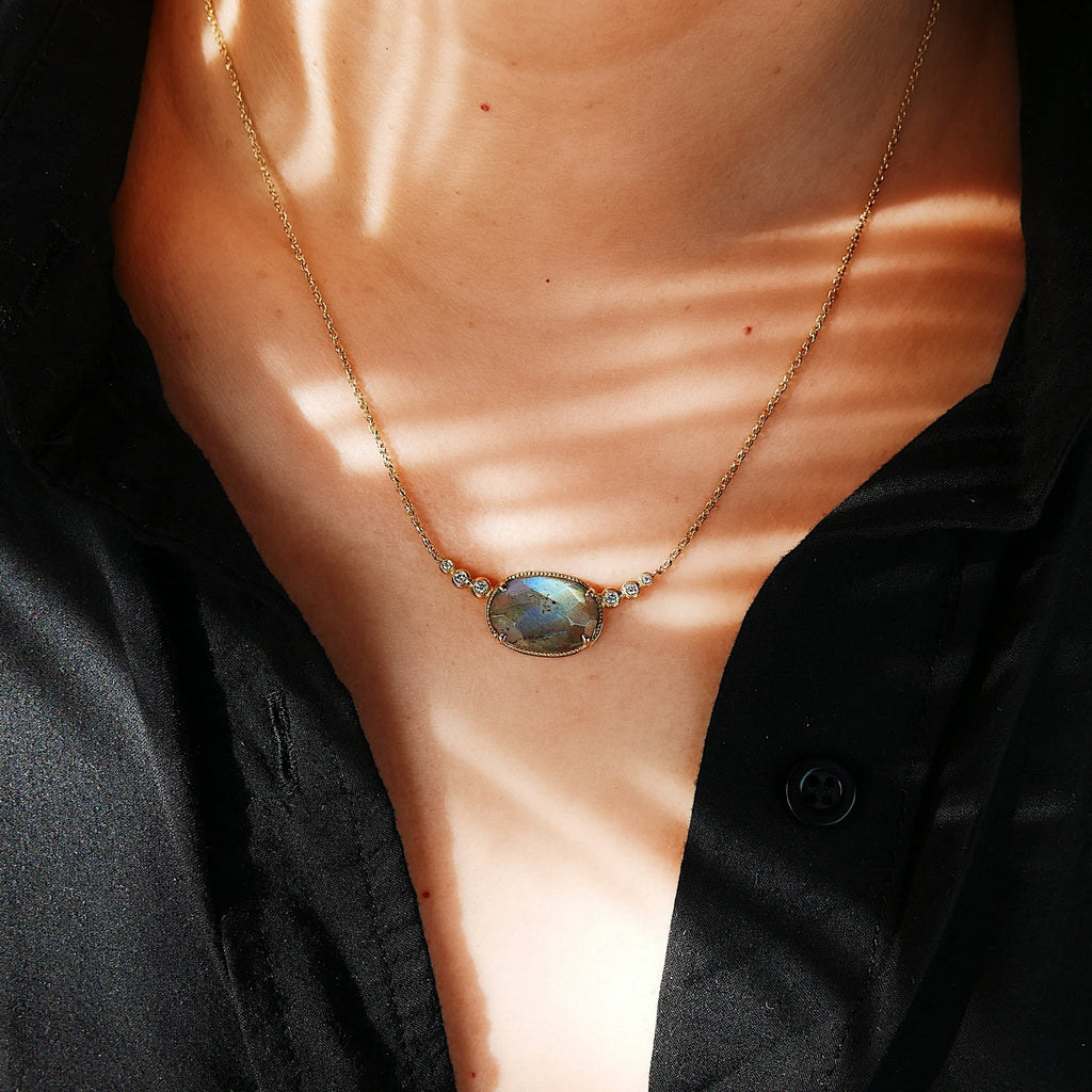 Ellipsis Labradorite and Diamond Necklace, One of a kind unique gold labradorite Necklace, blue labradorite necklace, diamond necklace