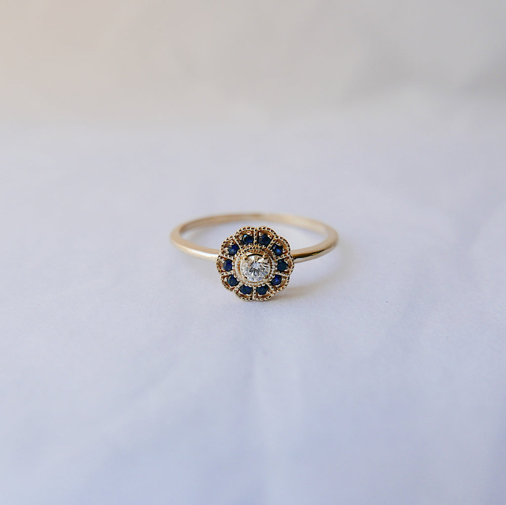 Flora Sapphire ring, 14k Gold Sapphire flower ring, 14k gold sapphire and diamond ring, alternative engagement ring