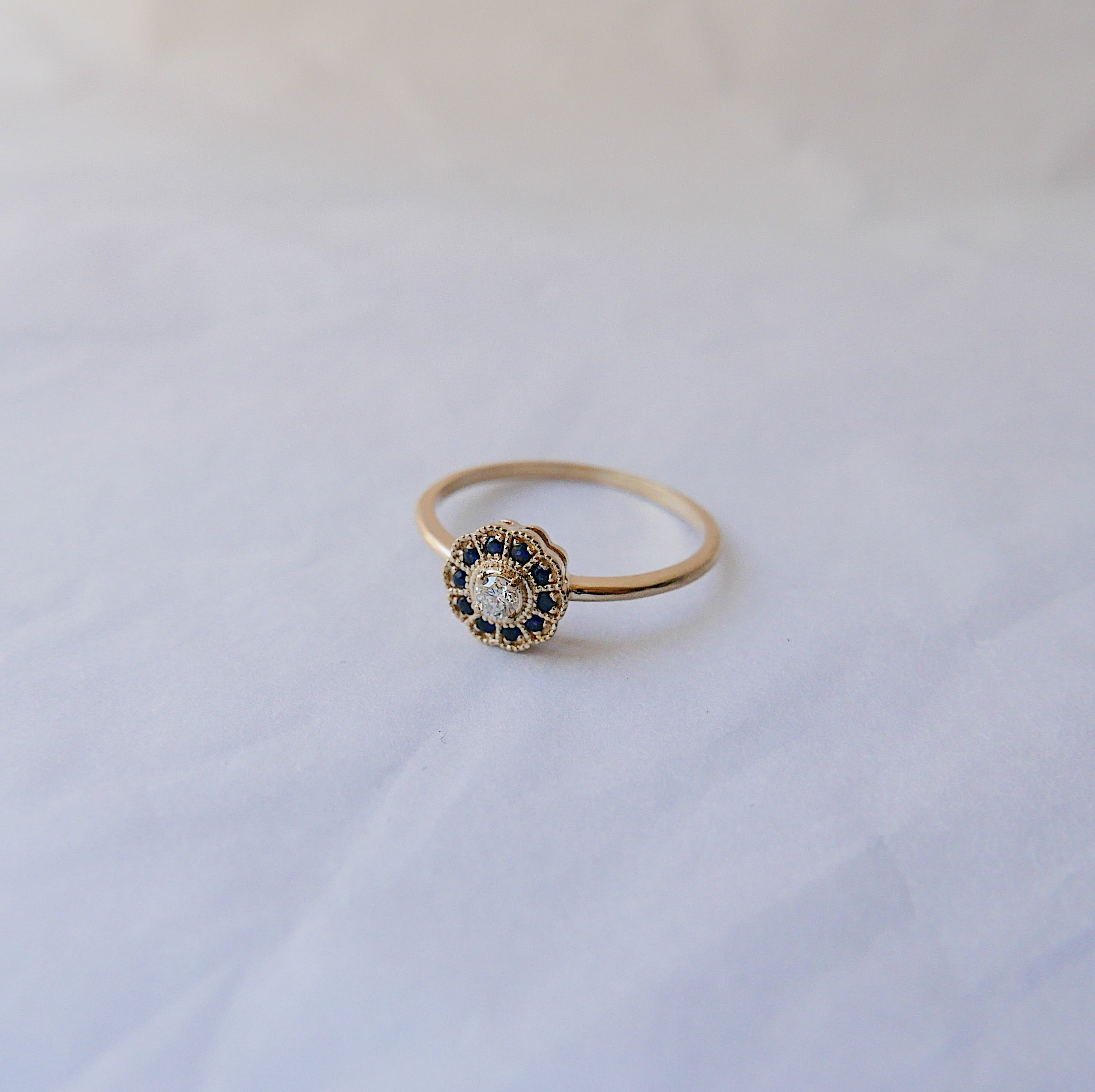 Flora Sapphire ring, 14k Gold Sapphire flower ring, 14k gold sapphire and diamond ring, alternative engagement ring