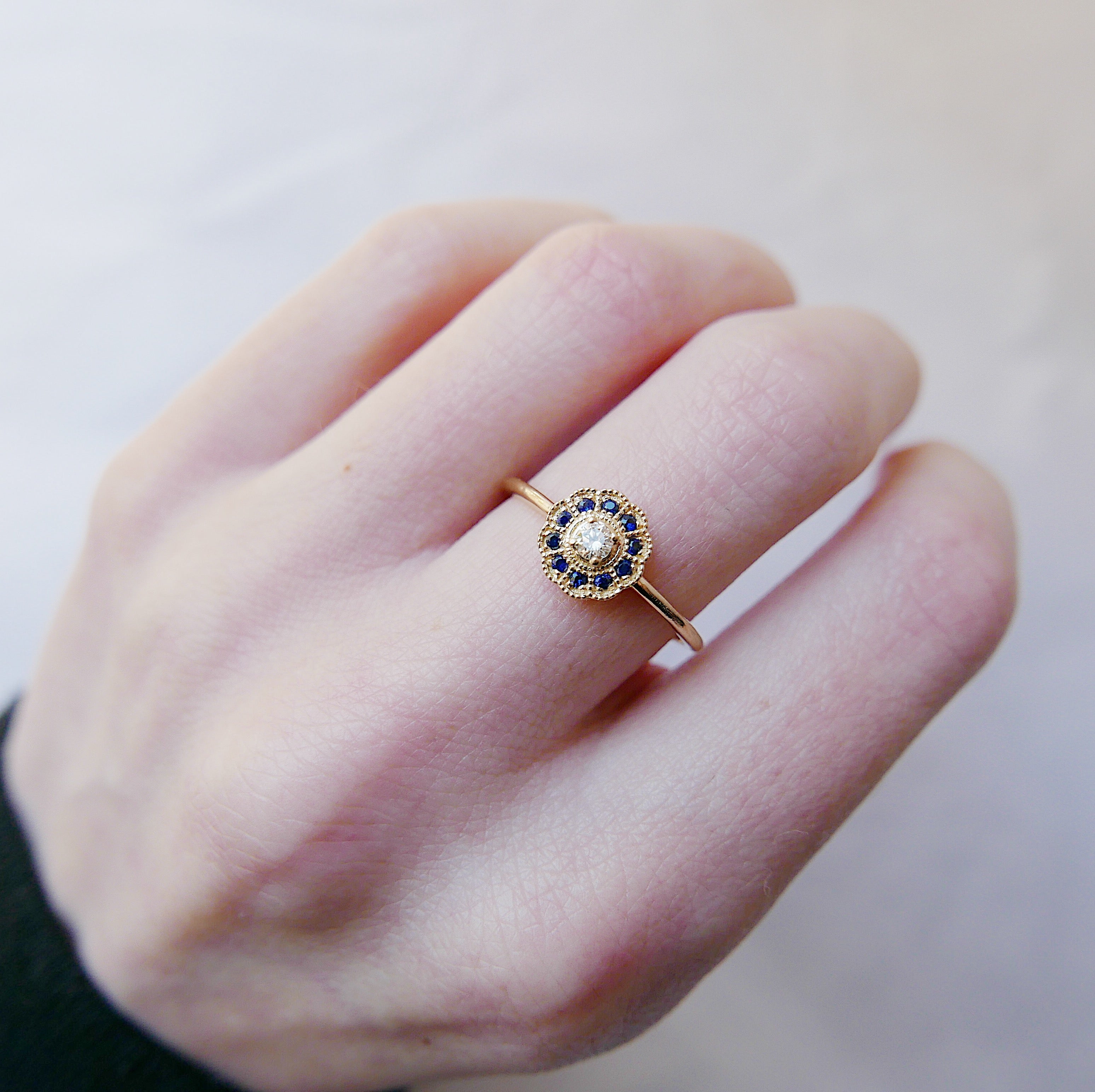 Flora Sapphire ring, 14k Gold Sapphire flower ring, 14k gold sapphire and diamond ring, alternative engagement ring