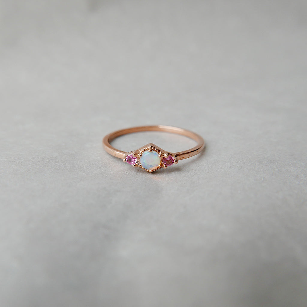 Harlow Opal Ring, pink tourmaline ring, opal and tourmaline ring, 14k gold opal ring, 3 stone opal ring