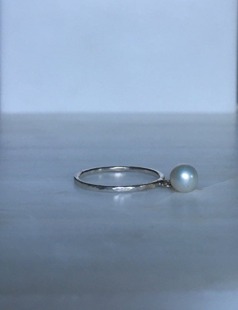 Pearl Charm ring, hanging pearl ring, silver pearl ring, charm ring, dangling pearl ring