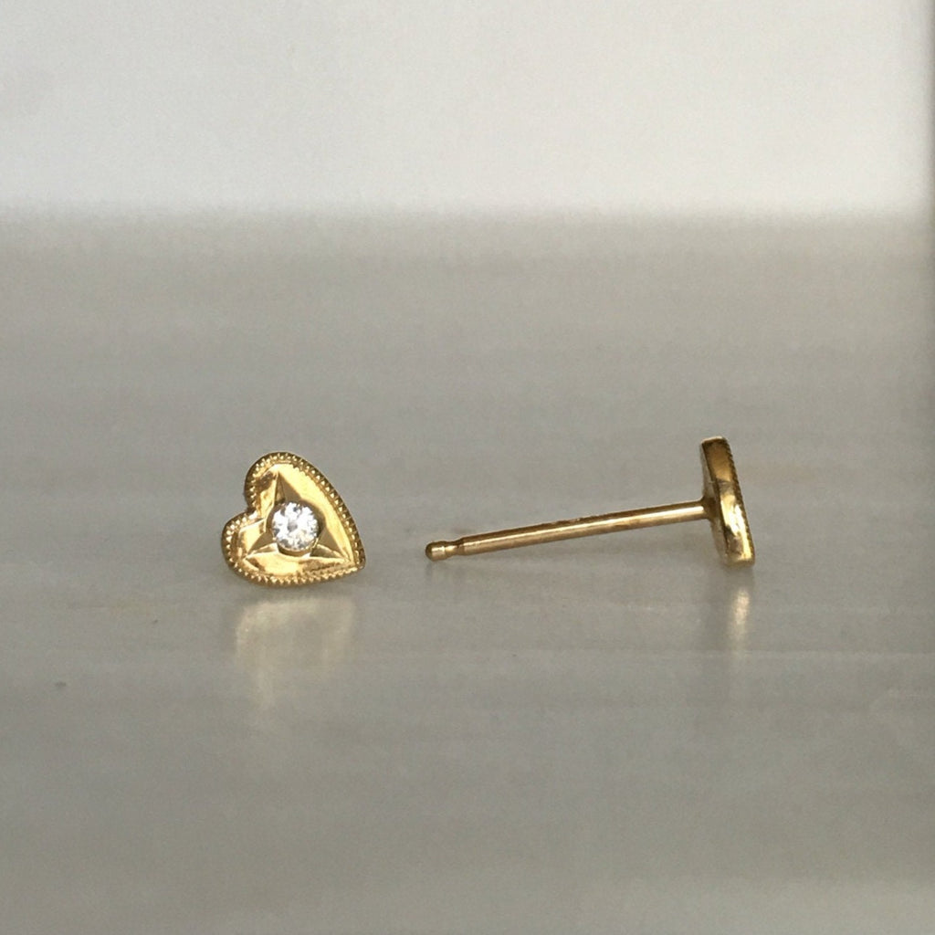 14k Heart studs, diamond studded heart earrings, small heart studs, gold heart earrings, dainty heart earrings